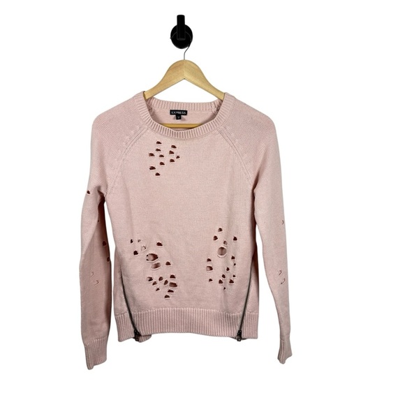 Express Women’s Crewneck Distressed Side Zip Knit Sweater Pink Size XS - Picture 3 of 9